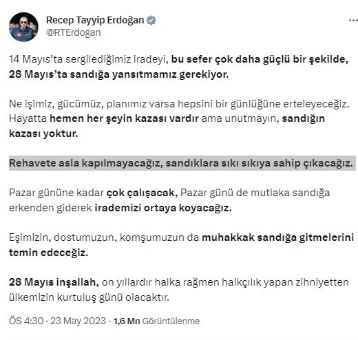 baskan-erdogandan-28-mayis-uyarisi-rehavete-asla-kapilmayacagiz-sandiklara-siki-sikiya-sahip-cikacagiz-1684852263630.jpg Başkan Erdoğan'dan 28 Mayıs uyarısı: Rehavete asla kapılmayacağız, sandıklara sıkı sıkıya sahip çıkacağız.-1