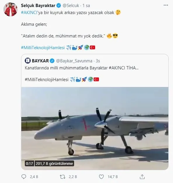 selcuk-bayraktardan-akinciya-kuyruk-arkasi-yazisi-onerisi-atalim-dedin-de-muhimmat-mi-yok-dedik-1620245405628.jpg Selçuk Bayraktar'dan AKINCI'ya kuyruk arkası yazısı önerisi: 'Atalım' dedin de mühimmat mı yok dedik-2