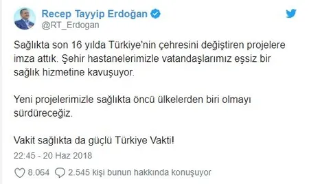 Erdoğan paylaştı: "Vakit sağlıkta da güçlü Türkiye Vakti"-1