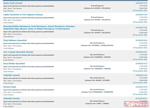 📌 Toplam Açık İş Sayısı: 93.429 📌 İşe Yerleştirilen Kişi Sayısı (2025): 310.654 📌 Öğrenim Şartı: Pek Çok İlan İçin İlköğretim Mezunu Olmak Yeterli. 📌...