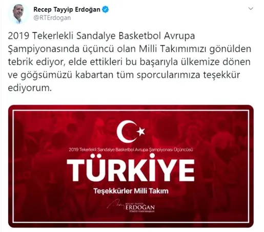 Başkan Erdoğan'dan Tekerlekli Sandalye Basketbol Milli Takımı'na tebrik mesajı-1