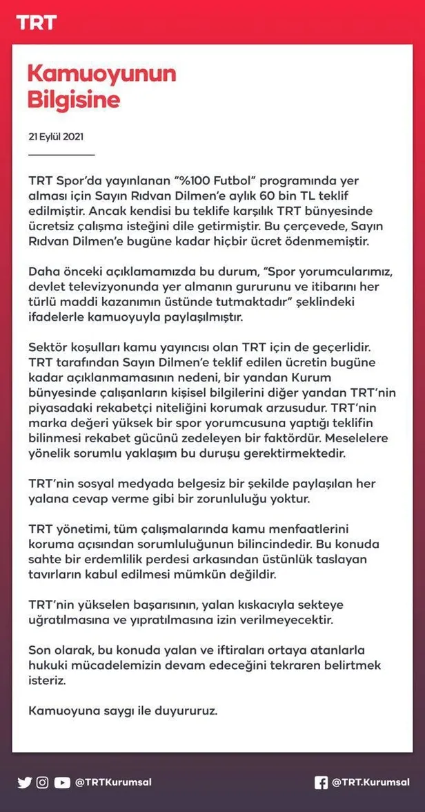 TRT'den "%100 Futbol" programı ve yorumcu Rıdvan Dilmen'e dair iddialara yalanlama-1