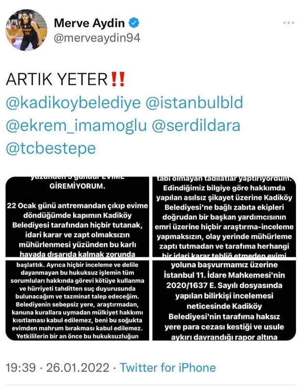 Kadıköy Belediyesi Milli basketbolcu Merve Aydın’ın dairesini mühürledi! Sosyal medyadan isyan: Haklarıma tecavüz-2