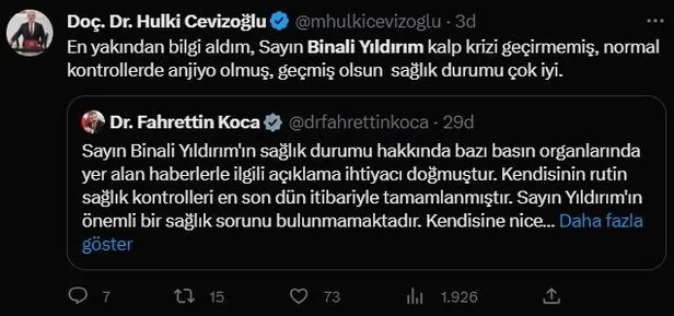 Sağlık Bakanı Fahrettin Koca'dan Binali Yıldırım açıklaması: "Önemli bir sağlık sorunu bulunmamaktadır"-4