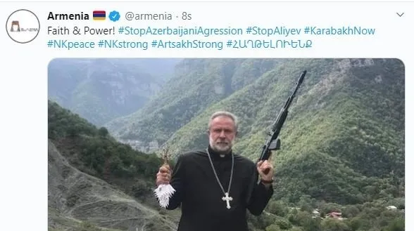 Ermenistan’dan bir küstah hareket daha! Resmi Twitter hesabından ‘Silahlı papaz’ paylaşımı-1