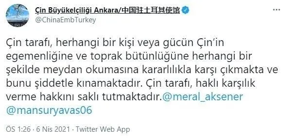 SON DAKİKA: Çin Ankara Büyükelçiliğinin sosyal medya hesabında yaptığı açıklamayı savundu-1
