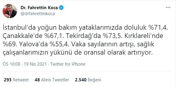 Sağlık Bakanı Fahrettin Koca yoğun bakım doluluk oranlarını açıkladı! İstanbul, Çanakkale, Tekirdağ, Kırklareli, Yalova...-4