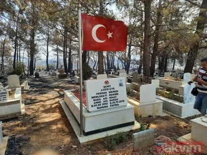 SON DAKİKA: Mersin Silifke’deki orman yangınında mezarlık zarar görürken şehidin kabri ve Türk bayrağı yanmadı