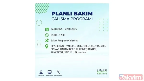 İstanbul'da 19 ilçede elektrik kesintisi! BEDAŞ İLÇE İLÇE listeledi: 22 Ağustos Cuma günü 8 saat yok - 23