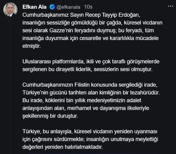 Ala'nın sosyal medya paylaşımı (Ekran görüntüsü)