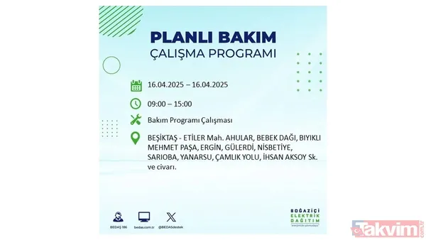 16 Nisan 2025 Bedaş İstanbul Elektrik Kesintisi