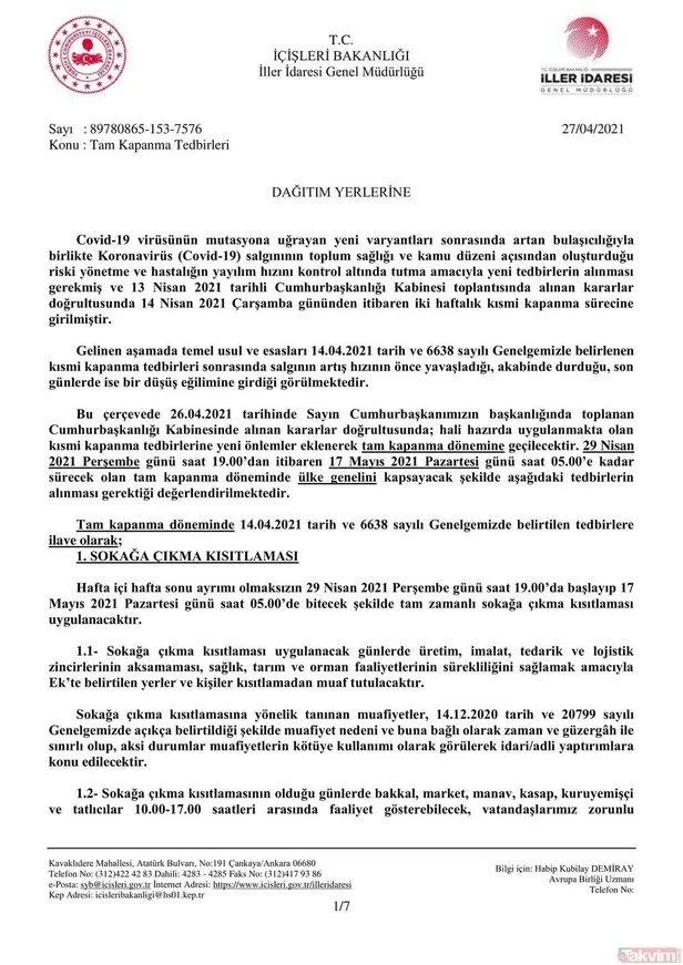 29 Nisan - 17 Mayıs sokağa çıkma kısıtlamasından muaf yerler ve kişiler listesi-3