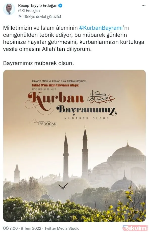 Başkan Erdoğan'dan Bayram Paylaşımı Erdoğan Sosyam Medya Hesabı Üzerinden Yaptığı Paylaşımda, "Milletimizin Ve İslam Âleminin Kurban Bayramı'nı Canıgönülden...