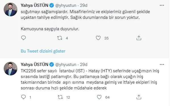 THY uçağının Hatay Havalimanı'na inişinin ardından lastiği patladı: "Misafirlerimiz güvenli şekilde uçaktan tahliye edilmiştir"-3