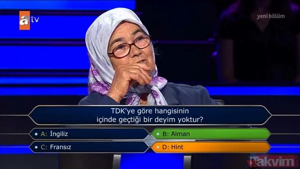 Kim Milyoner Olmak İster'de 104 bin takipçili Habibe teyze 1 milyon TL değerindeki soruyu açmayı başardı! "TDK'ya göre hangisinin içinde geçtiği deyim yoktur" sorusunda çekildi... - 2