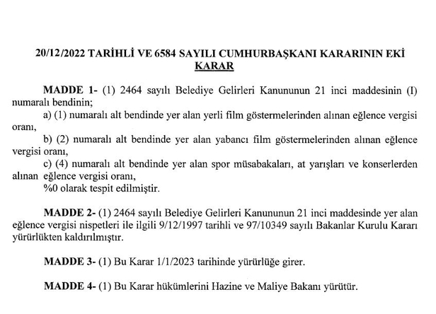Karar Resmi Gazete'de! Film gösterimi, spor müsabakaları, at yarışları ve konserlerden alınan eğlence vergisi kaldırıldı-3