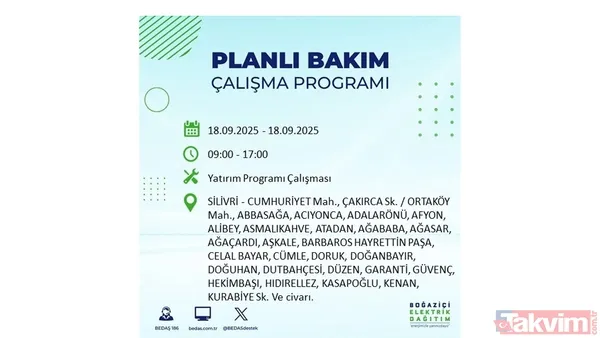🔴18 Eylül Perşembe Günü Elektrik Kesintisi Yaşanacak İlçeler