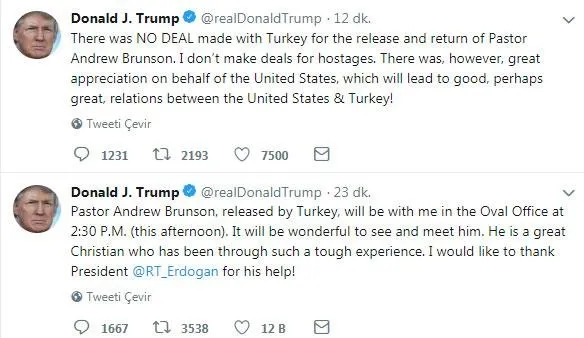 Trump: Brunson'ın serbest bırakılmasında yardımı için Erdoğan'a teşekkür etmek isterim-1