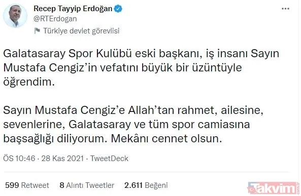 Eski Galatasaray Başkanı Mustafa Cengiz hayatını kaybetti! Spor dünyası tek yürek: Peş peşe taziye mesajları - 3