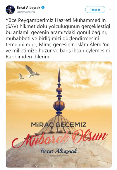 Hazine ve Maliye Bakanı Berat Albayrak'tan Miraç Kandili mesajı-1