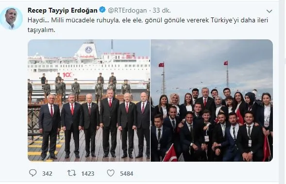 Başkan Erdoğan Twitter'dan paylaştı: Türkiye'yi daha ileri taşıyalım-1