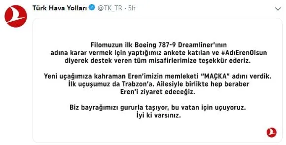"Rüya uçak" olarak tabir edilen ilk "Boeing 787-9 Dreamliner"in ismi şehit Eren Bülbül’ün memleketi Maçka oldu-1
