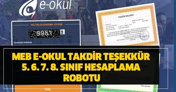 Meb E Okul Takdir Tesekkur 5 6 7 8 Sinif Hesaplama Robotu 2020 E Okul Vbs Giris Ekrani Takvim