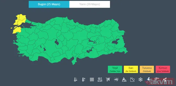 Meteoroloji'den Sarı Kodlu Uyarı: 25 Mayıs Pazar Günü 4 İl Dikkat! Meteoroloji Genel Müdürlüğü, 25 Mayıs Pazar Günü İçin Çanakkale, Edirne, Kırklareli Ve...