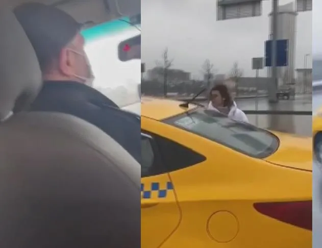Taksici ile yolcuları arasındaki kısa mesafe tartışması kamerada