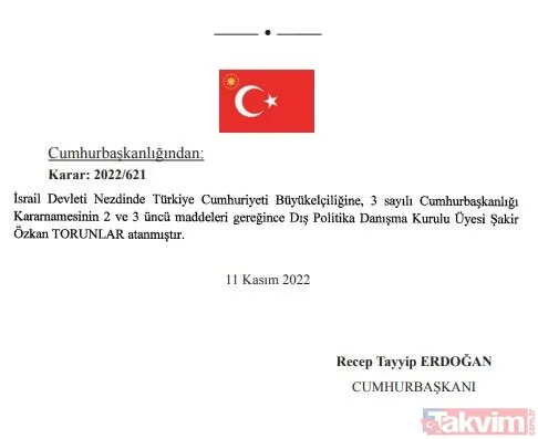 Resmi Gazete'de yayımlanan karara göre Şakir Özkan Torunlar, Tel Aviv Büyükelçiliğine atandı - 9