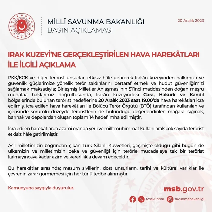 Irak'ın kuzeyine hava harekatı! MSB açıkladı: 14 hedef güçlü şekilde vuruldu-2