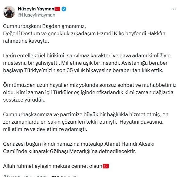 Messaggio del vicepresidente del partito AK Hüseyin Yayman (X)
