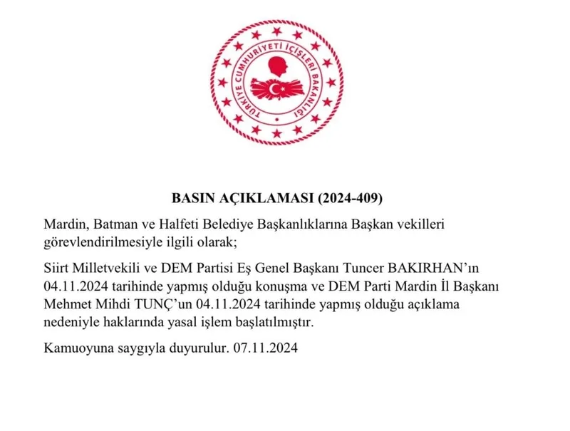 İçişleri Bakanlığı, DEM EŞ Genel Başkanı Tuncer Bakırhan'a soruşturma başlattı (Takvim.com.tr / Ekran görüntüsü)
