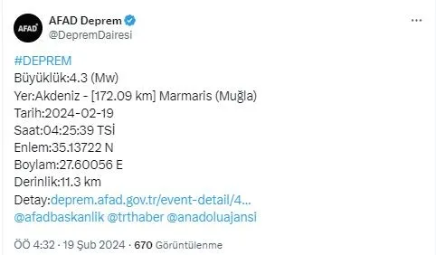 SON DAKİKA I AFAD duyurdu: Marmaris'te 4.3 büyüklüğünde deprem!-2