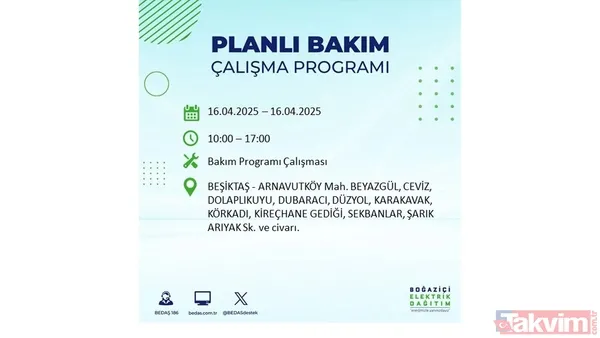 16 Nisan 2025 Bedaş İstanbul Elektrik Kesintisi