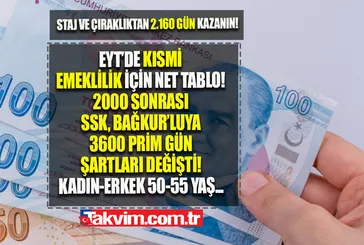 Staj ve çıraklık sigortasıyla 2.160 gün eklenecek! EYT'de kısmi emeklilik için net tablo: 2000 sonrası SSK, Bağkur'luya 3600 prim gün şartları değişti! Kadın 50, erkeklerde 55...