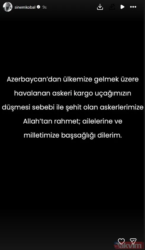 Sinem Kobal "Azerbaycan'dan Ülkemize Gelmek Üzere Havalanan Askeri Kargo Uçağımızın Düşmesi Sebebi İle Şehit Olan Askerlerimize Allah'tan Rahmet; Ailelerine Ve...