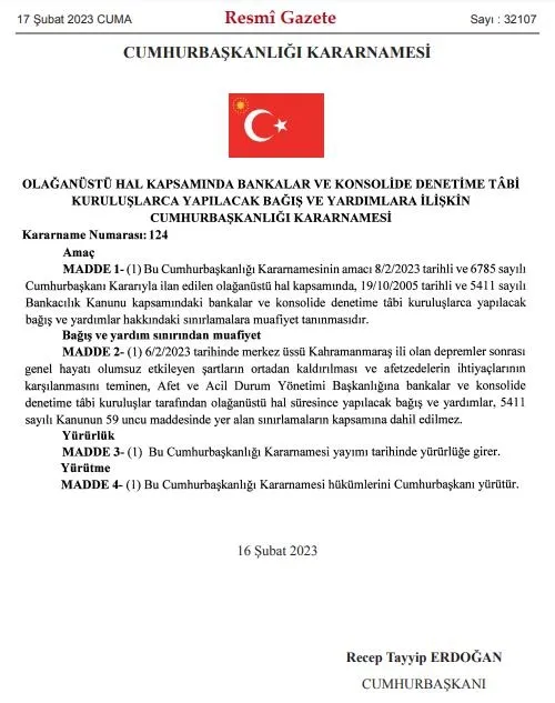 bankalarin-bagis-ve-yardim-sinirlamasina-muafiyet-getirilmesine-iliskin-karar-resmi-gazetede-1676601419674.jpeg Bankaların bağış ve yardım sınırlamasına muafiyet getirilmesine ilişkin karar Resmi Gazete'de-1