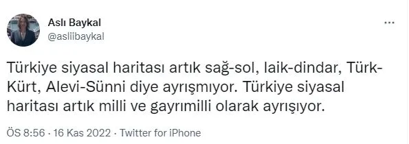 asli-baykaldan-olay-gonderme-sag-sol-yok-artik-milli-ve-gayri-milli-var-1668671479124.jpg Aslı Baykal'dan olay gönderme: Sağ-sol yok artık milli ve gayri milli var-2