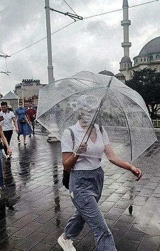 Taksim Meydanı’nda aniden bastıran sağanak yağış vatandaşlara zor anlar yaşattı
