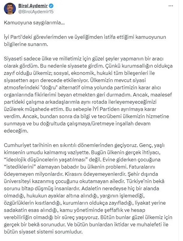 İYİ Parti Genel Başkan Yardımcısı Birol Aydemir istifa etti-5
