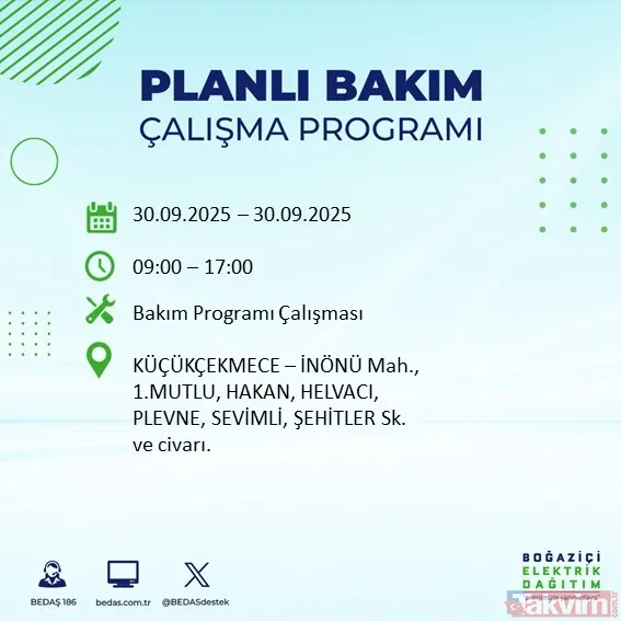 İstanbul’un 23 ilçesinde elektrikler kesilecek! 30 Eylül 2025 BEDAŞ kesinti listesi - 30