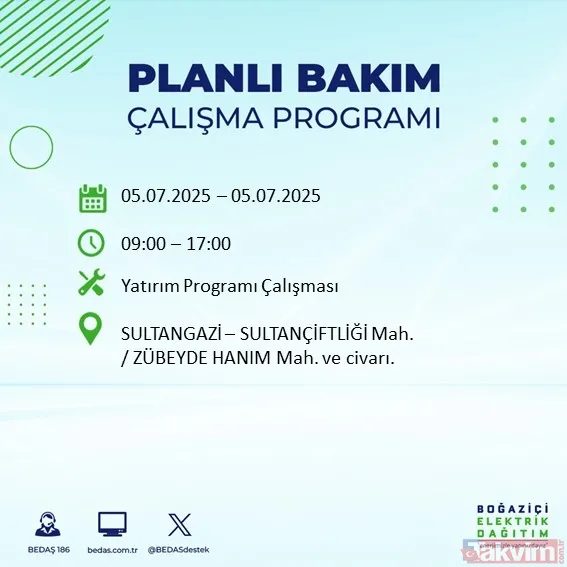 ↪5 Temmuz Cumartesi İstanbul Elektrik Kesintisi