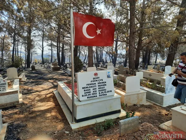 SON DAKİKA: Mersin Silifke'deki orman yangınında mezarlık zarar görürken şehidin kabri ve Türk bayrağı yanmadı - 1