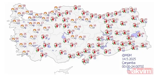 Çarşamba Günü Yurdun Batısında Bulutlu Hava Hakimken Ankara Ve Çevre İller, Doğu Karadeniz, Güney Doğu Anadolu Ve Doğu Anadolu'da Gök Gürültülü Sağanak...