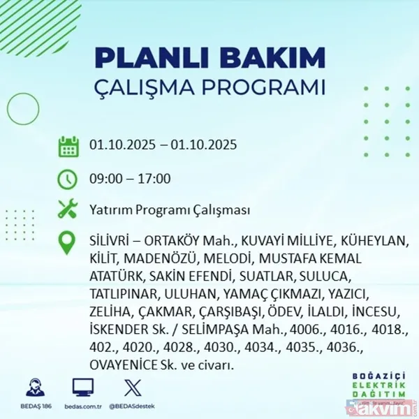 🔴1 Ekim 2025 İstanbul'da Elektrik Kesintisi Yaşanacak İlçeler