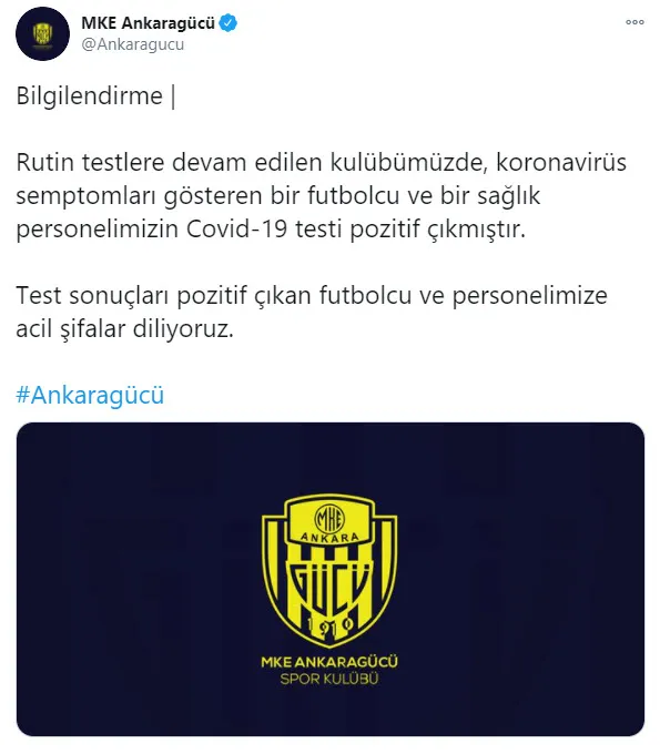 SON DAKİKA | MKE Ankaragücü 1'i futbolcu 2 kişide koronavirüs rastlandığını açıkladı-1