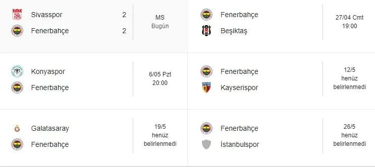 Fenerbahçe'nin kalan maçları 