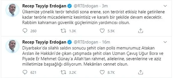 Son dakika: Başkan Erdoğan'dan şehit polis memuru ve Mehmetçikler için taziye mesajı: Mekanları cennet olsun-1