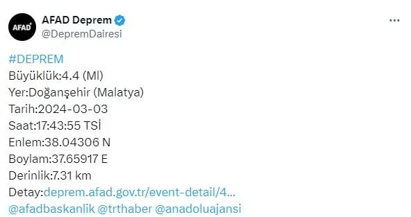 afad-malatyanin-dogansehir-ilcesinde-44-buyuklugunde-deprem-meydana-geldigini-duyurdu-1709477703403.jpeg AFAD, Malatya'nın Doğanşehir ilçesinde 4.4 büyüklüğünde deprem meydana geldiğini duyurdu-1